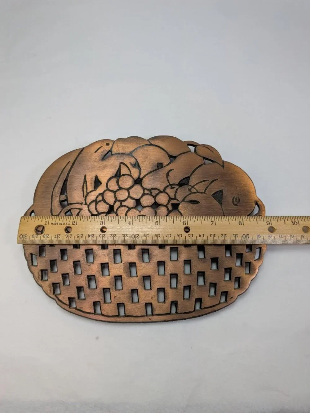 Vintage Solid Copper Fruit Basket Trivet Openwork Weave Wall Hanging